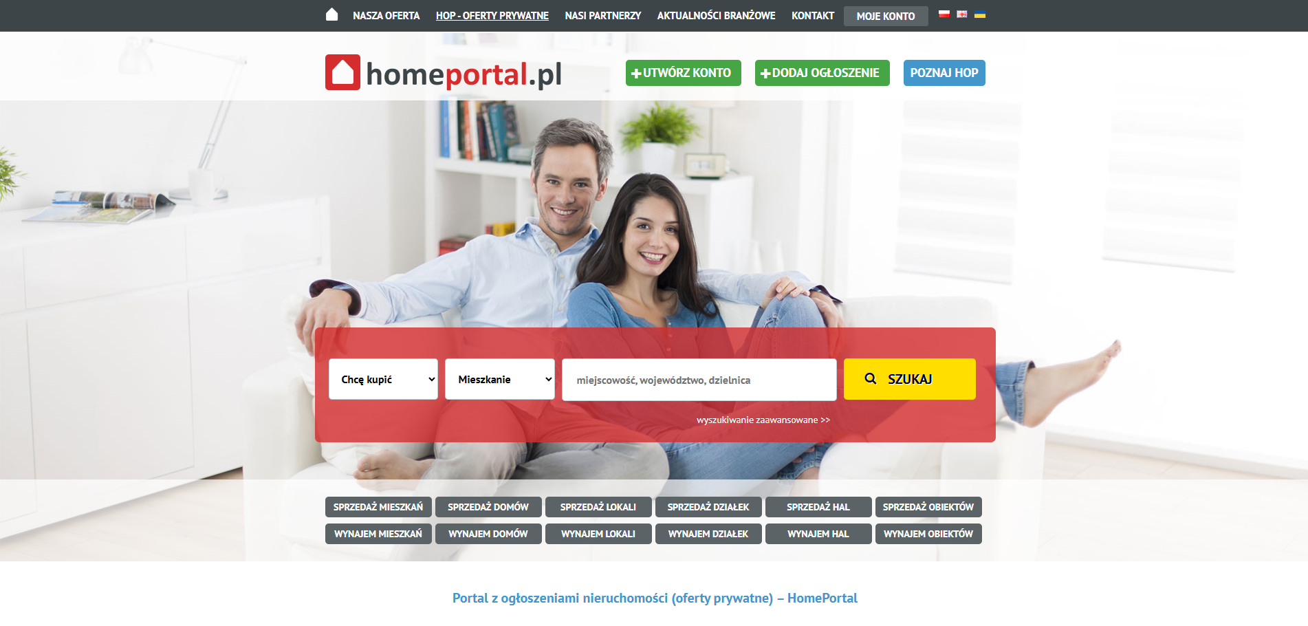 Portal z ogłoszeniami nieruchomości. Porównanie typów ofert: mieszkania, domy, działki